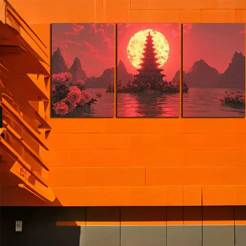 3pcs Pagoda and Moon Art Canvas Unframed - High Quality Print 100% Australian Made Wall Canvas
