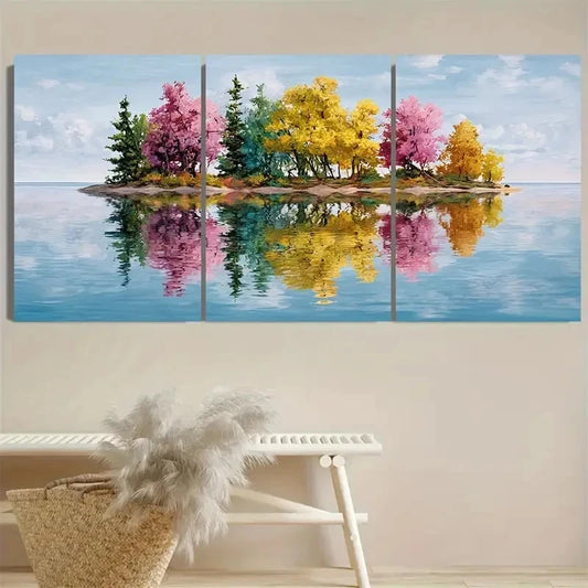 3pcs Vibrant Autumn Island Nature Reflection Wall Art Set Canvas Framed 50x70cm - High Quality Print 100% Australian Made Wall Canvas Ready to Hang