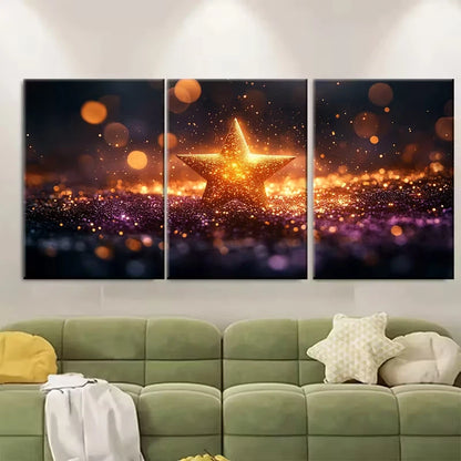3pcs Shimmering Golden Purple Star Design Metal Print Ready to Hang Art