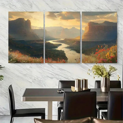 3pcs Winding River Cliffs & Wildflowers Metal Print Ready to Hang Art