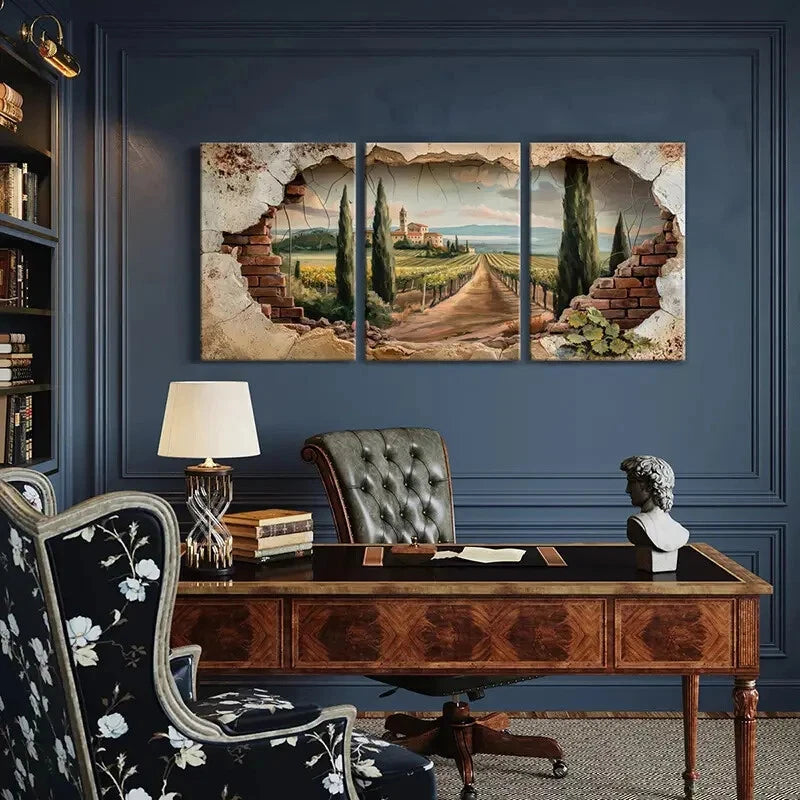 3pcs Tuscany Landscape Vineyard Path Cypress Metal Print Ready to Hang Art - Bella Home Decor