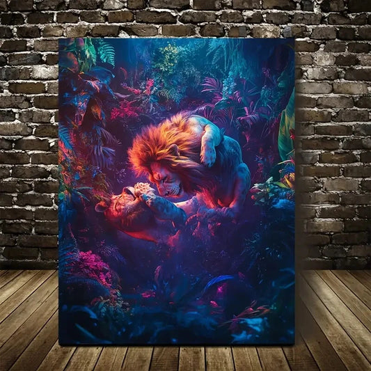 Beautiful Vibrant Lion in Jungle Playful Painting 40x60cm Metal Print Ready to Hang