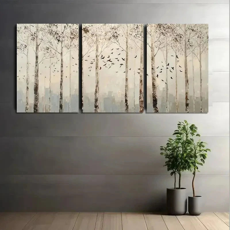 3pcs Birch Trees with Birds Flying in Mist Metal Print Ready to Hang Art - Bella Home Decor