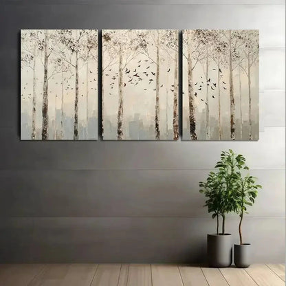 3pcs Birch Trees with Birds Flying in Mist Metal Print Ready to Hang Art - Bella Home Decor