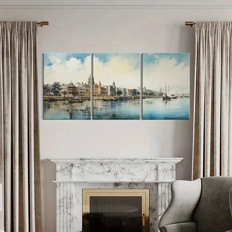 3pcs Historic Architecture Serene Waterfront Metal Print Ready to Hang Art - Bella Home Decor