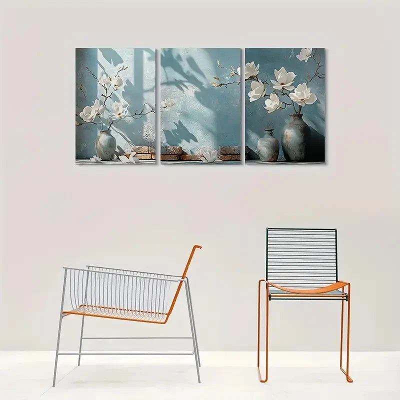3pcs Abstract White Flower Blue Vase Metal Print Ready to Hang Art - Bella Home Decor
