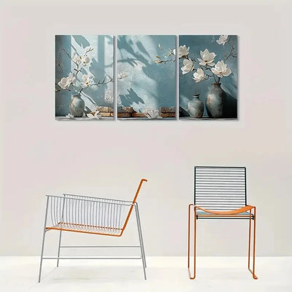 3pcs Abstract White Flower Blue Vase Metal Print Ready to Hang Art - Bella Home Decor
