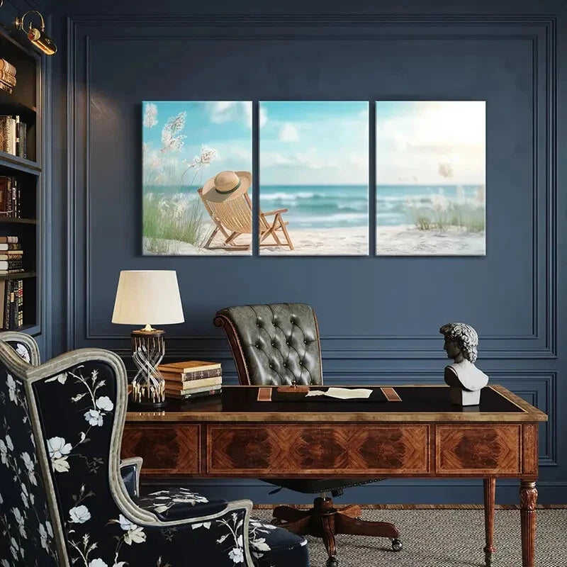3pcs Beach Straw Hat Ocean View Serenity Metal Print Ready to Hang Art - Bella Home Decor