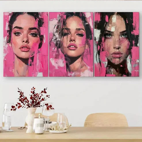 3 PCS Pink Pop Art Female Portrait Triptych Wall Art Set Canvas Unframed - High Quality Print 100% Australian Made Wall Canvas