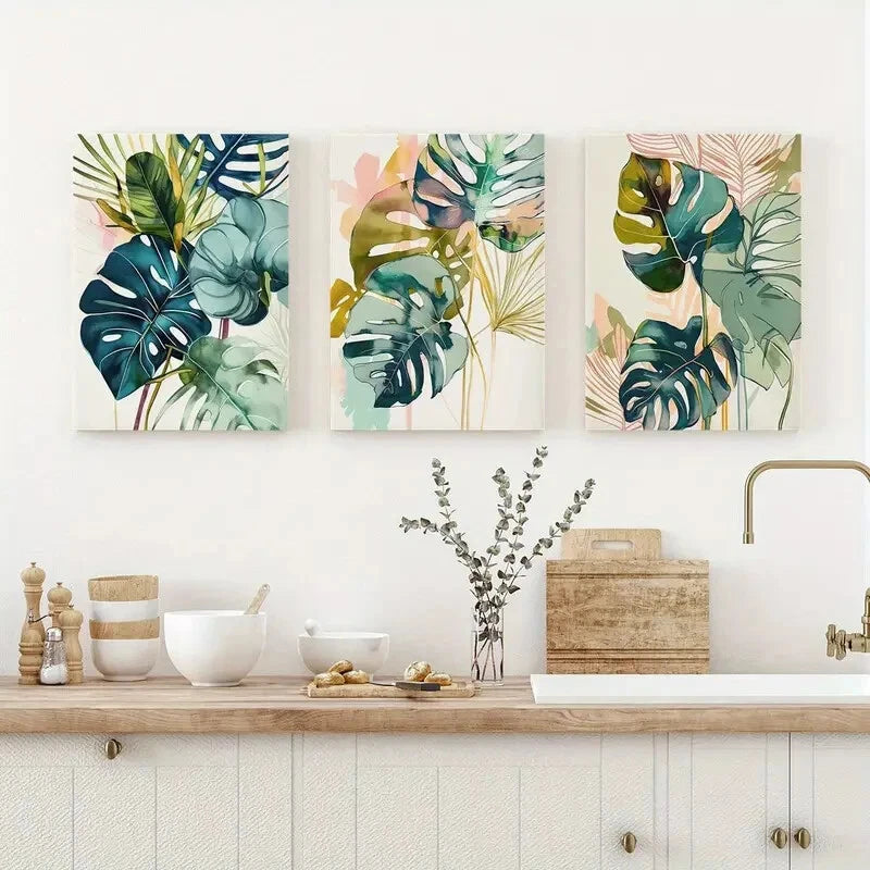3pcs Watercolor Green Palm Leaf Wall Art Metal Print Ready to Hang Art - Bella Home Decor