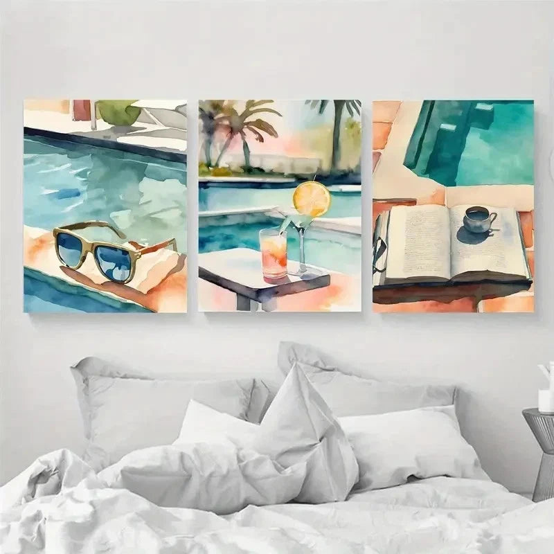 3pcs Swimming Pool Roostertail  Wall Art Set Canvas Framed 50x70cm - High Quality Print 100% Australian Made Wall Canvas Ready to Hang