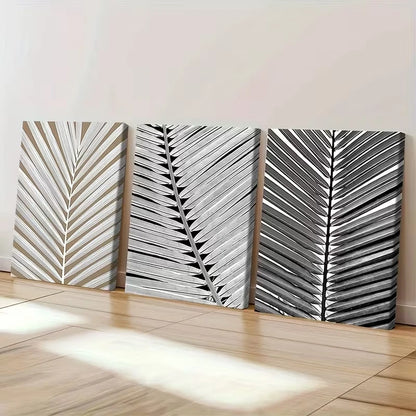 3pcs Black and White Tropical Palm Leaf  Wall Art Set Canvas Framed 50x70cm - High Quality Print 100% Australian Made Wall Canvas Ready to Hang - Bella Home Decor