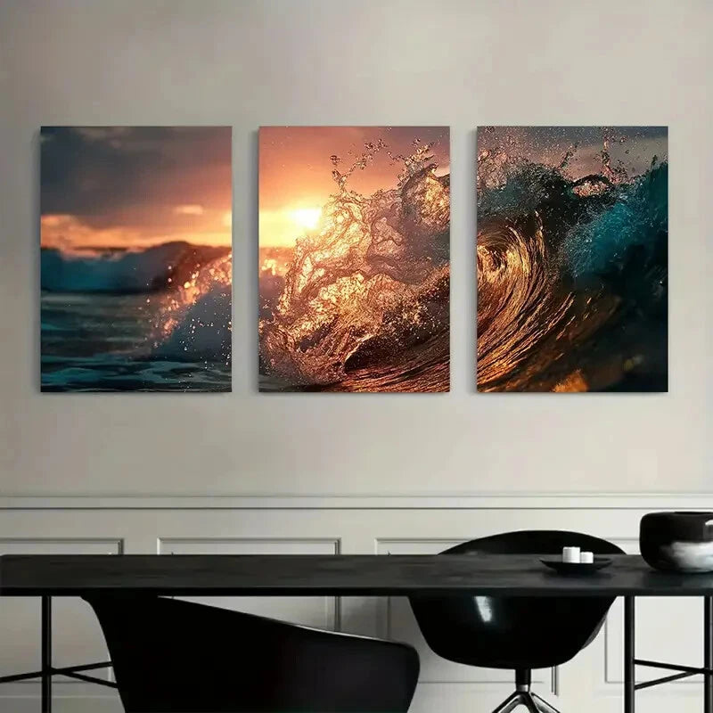 3pcs Sunset Ocean Waves Vibrant Golden Hues Metal Print Ready to Hang Art - Bella Home Decor