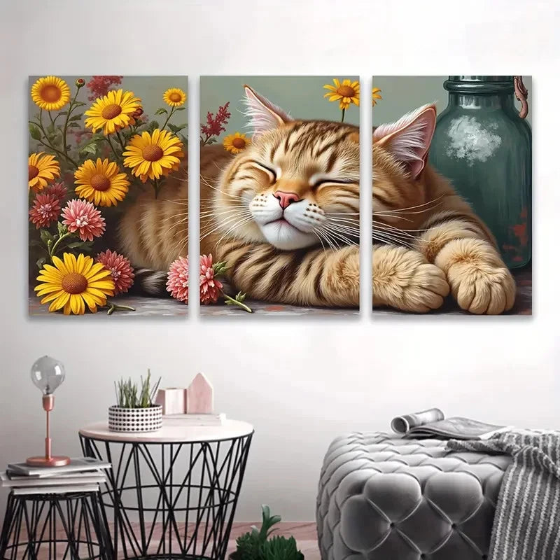 3pcs Sleeping Cat Artwork Wall Art Set Canvas Framed 40x60cm - High Quality Print 100% Australian Made Wall Canvas Ready to Hang