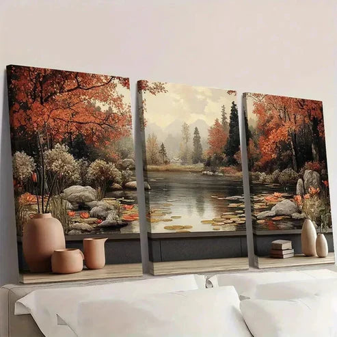 3pcs Serene for Lotus Pond Landscape Wall Art Canvas Unframed - High Quality Print 100% Australian Made Wall Canvas