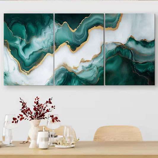 3pcs Emerald Green, Golden & White Abstract Metal Print Ready to Hang Art