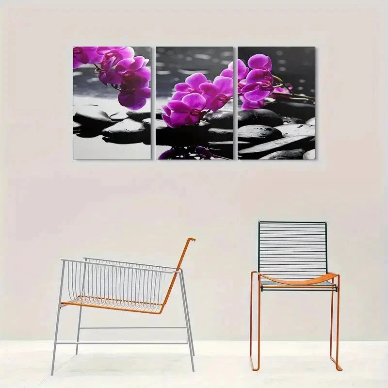 3pcs Purple Orchids on Black Rocks Wall Art Set Canvas Framed 60x90cm - High Quality Print 100% Australian Made Wall Canvas Ready to Hang