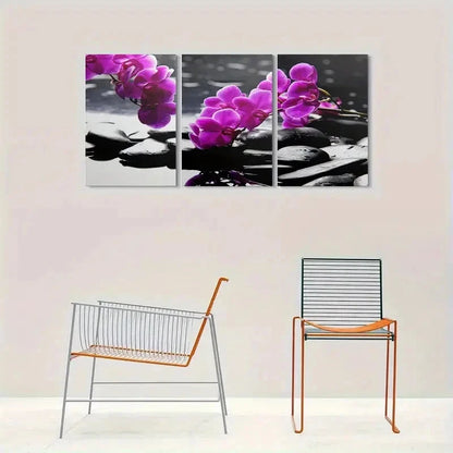 3pcs Purple Orchids on Black Rocks Wall Art Set Canvas Framed 60x90cm - High Quality Print 100% Australian Made Wall Canvas Ready to Hang