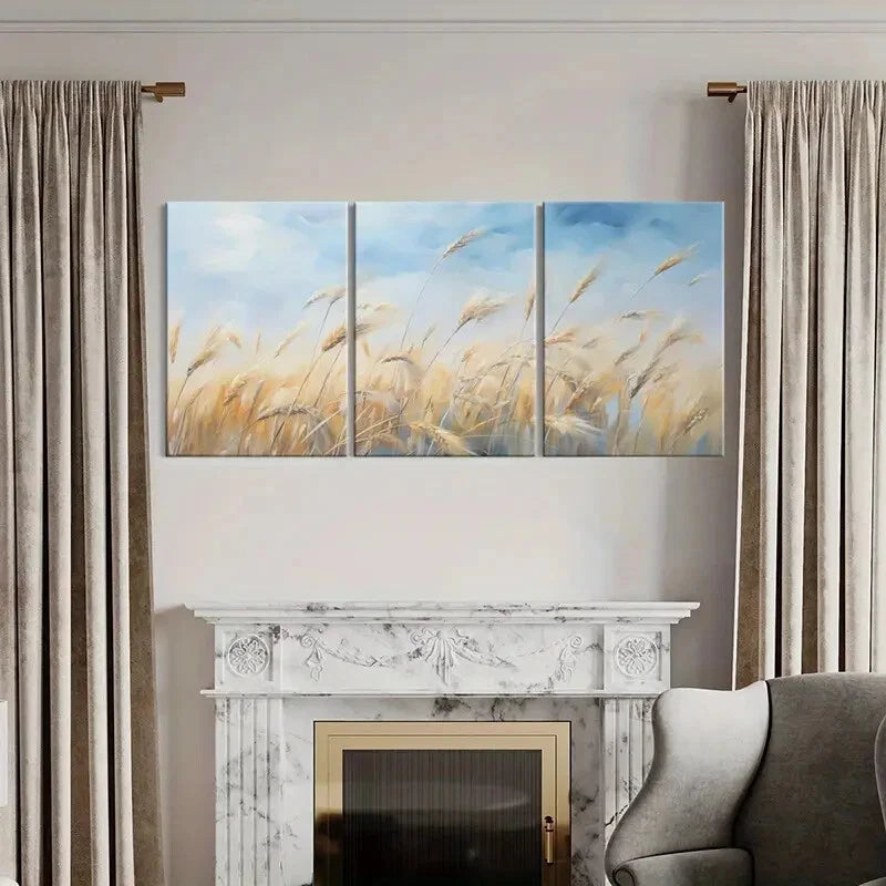 3pcs Golden Wheat Blue Sky Landscape Art Metal Print Ready to Hang Art - Bella Home Decor