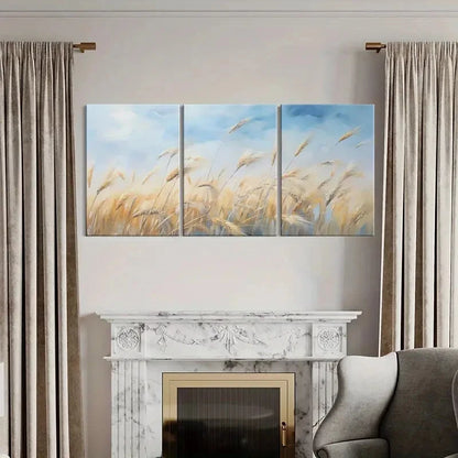 3pcs Golden Wheat Blue Sky Landscape Art Metal Print Ready to Hang Art - Bella Home Decor