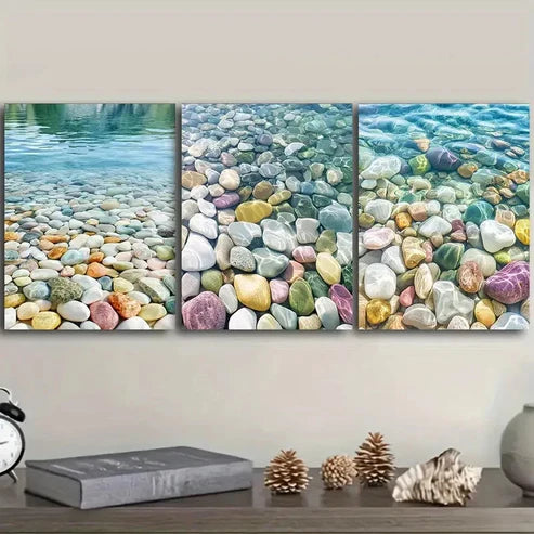 3pcs Colored stones by the river  Wall Art Set Canvas Unframed - High Quality Print 100% Australian Made Wall Canvas - Bella Home Decor