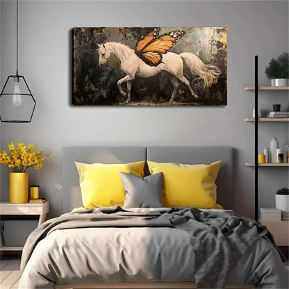 A White Horse with A Butterfly Wall Art Canvas Office Home Room Framed 120x60cm - Bella Home Decor