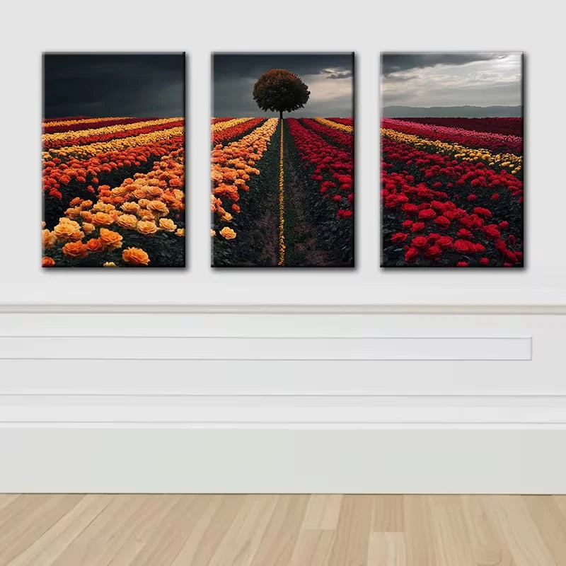 3pcs Charming Flower Fields Illustration Wall Art Set Canvas Framed 60x90cm - High Quality Print 100% Australian Made Wall Canvas Ready to Hang - Bella Home Decor