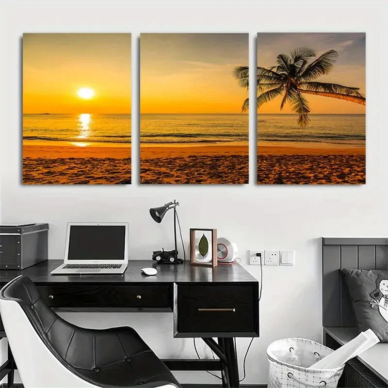 3pcs Tropical Palm Sunset Beach Landscape Metal Print Ready to Hang Art - Bella Home Decor