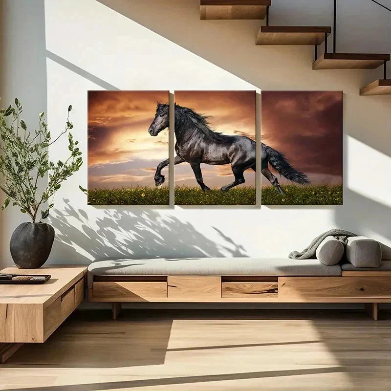 3pcs Majestic Black Horse Running Modern Wall Art Set Canvas Framed 50x70cm - High Quality Print 100% Australian Made Wall Canvas Ready to Hang