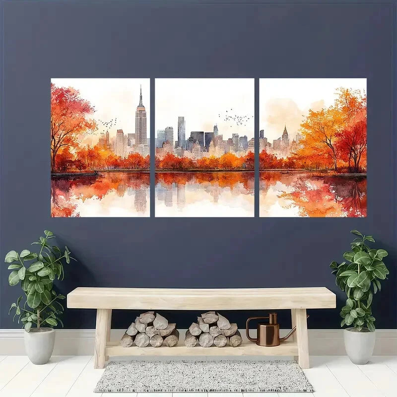 3pcs New York Cityscape Watercolor Neutral Metal Print Ready to Hang Art - Bella Home Decor
