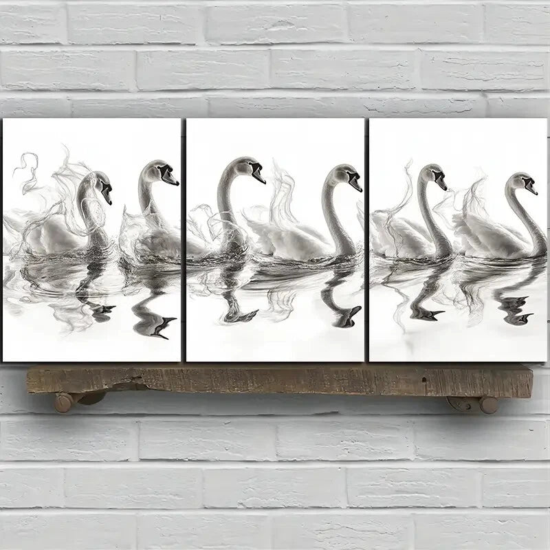 3pcs Black and White Birds Swan Metal Print Ready to Hang Art - Bella Home Decor