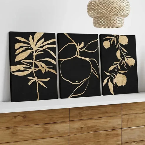 3pcs Abstract Golden Botanical Typography Black Wall Art Set Canvas Unframed - High Quality Print 100% Australian Made Wall Canvas - Bella Home Decor