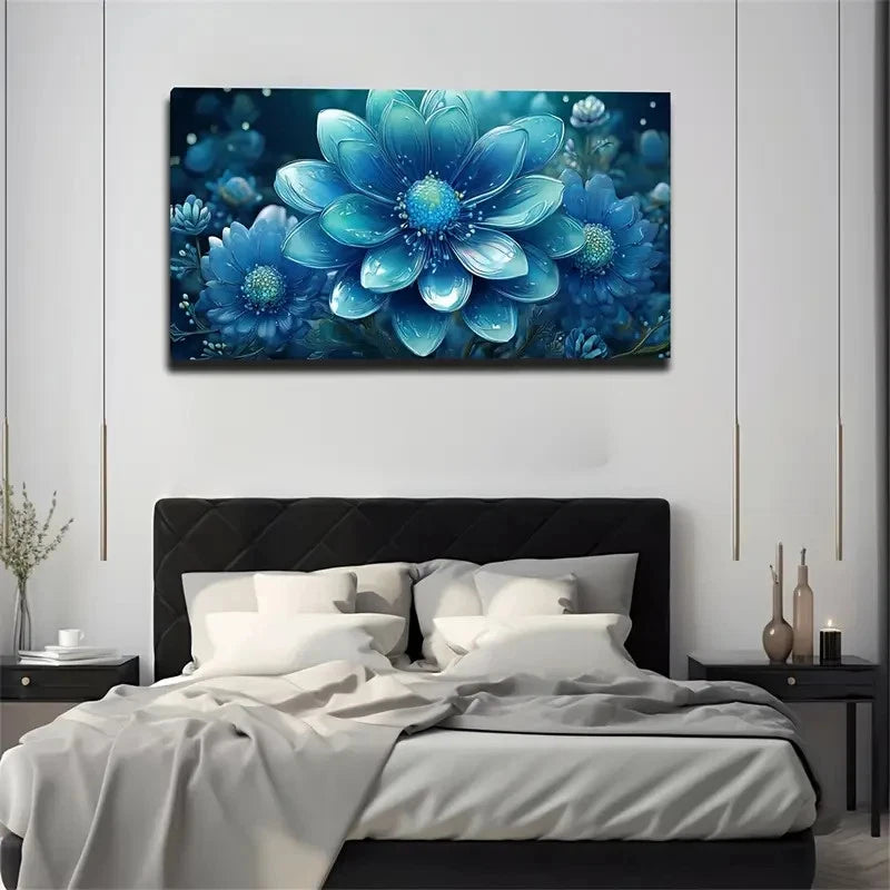 Vibrant Blue Floral Abstract Wall Art Canvas Office Home Room Framed 120x60cm
