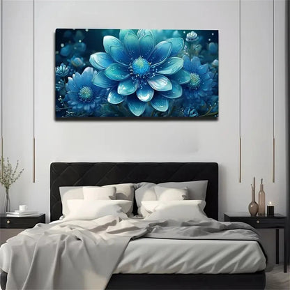 Vibrant Blue Floral Abstract Wall Art Canvas Office Home Room Framed 120x60cm