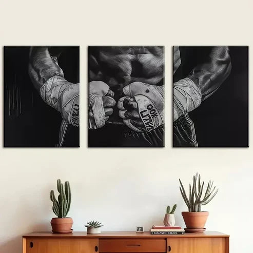 3pcs Boxer black and white art, sports spirit Wall Art Canvas Unframed - High Quality Print 100% Australian Made Wall Canvas - Bella Home Decor