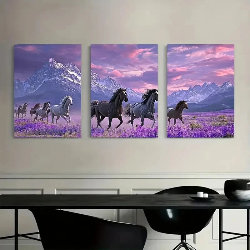 3pcs Black White Gray & Purple Wild Horses Metal Print Ready to Hang Art - Bella Home Decor