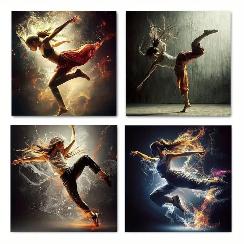 4pcs Vibrant Abstract Dancers In Flames Design Wall Art Canvas Framed