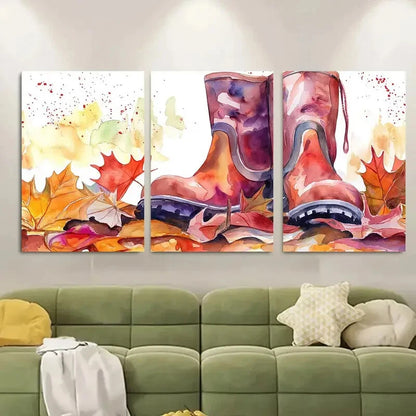 3pcs Autumn Rain Boots Vibrant Fall Leaves Design Metal Print Ready to Hang Art - Bella Home Decor