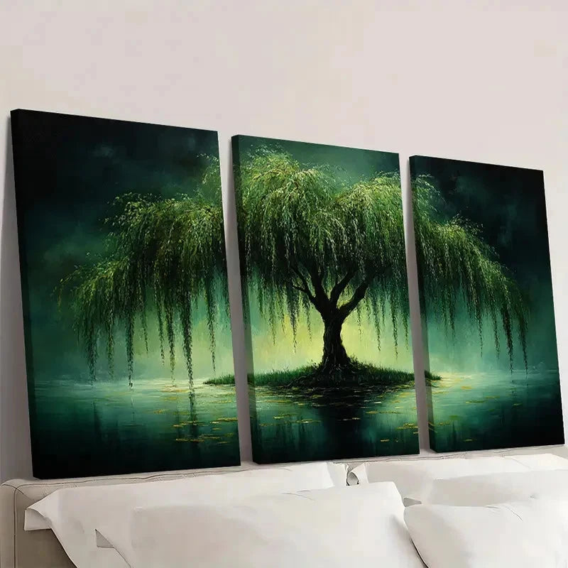 3pcs Weeping Willow Tree Art Moody Green Wall Art Set Canvas Framed 50x70cm - High Quality Print 100% Australian Made Wall Canvas Ready to Hang - Bella Home Decor