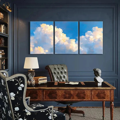 3pcs Abstract Cloudscape Art Sky Blue White Metal Print Ready to Hang Art - Bella Home Decor