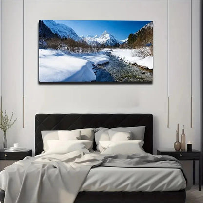 Snowy Mountains And River Wall Art Canvas Office Home Room Framed 120x60cm