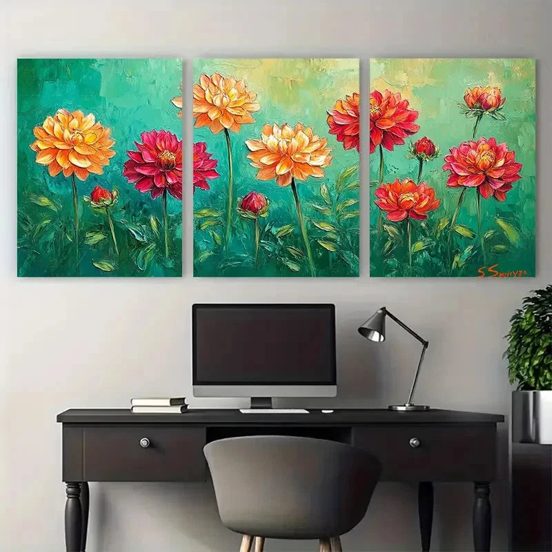 3pcs Dahlia Flowers Blooms Meadow Design Wall Art Set Canvas Framed 40x60cm - High Quality Print 100% Australian Made Wall Canvas Ready to Hang - Bella Home Decor
