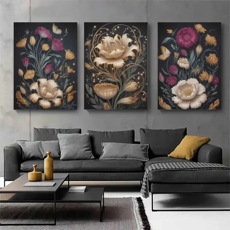 3pcs Golden Flowers Butterflies Painting Metal Print Ready to Hang Art - Bella Home Decor