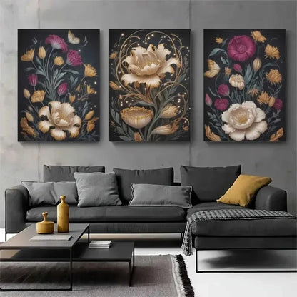 3pcs Golden Flowers Butterflies Painting Metal Print Ready to Hang Art - Bella Home Decor