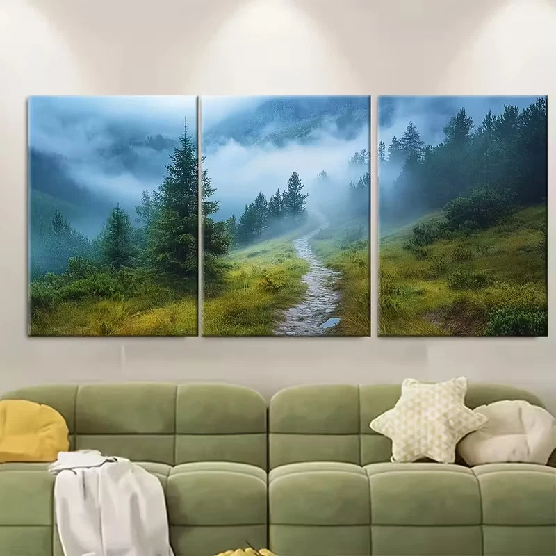 3pcs Misty Mountain Path Metal Print Ready to Hang Art