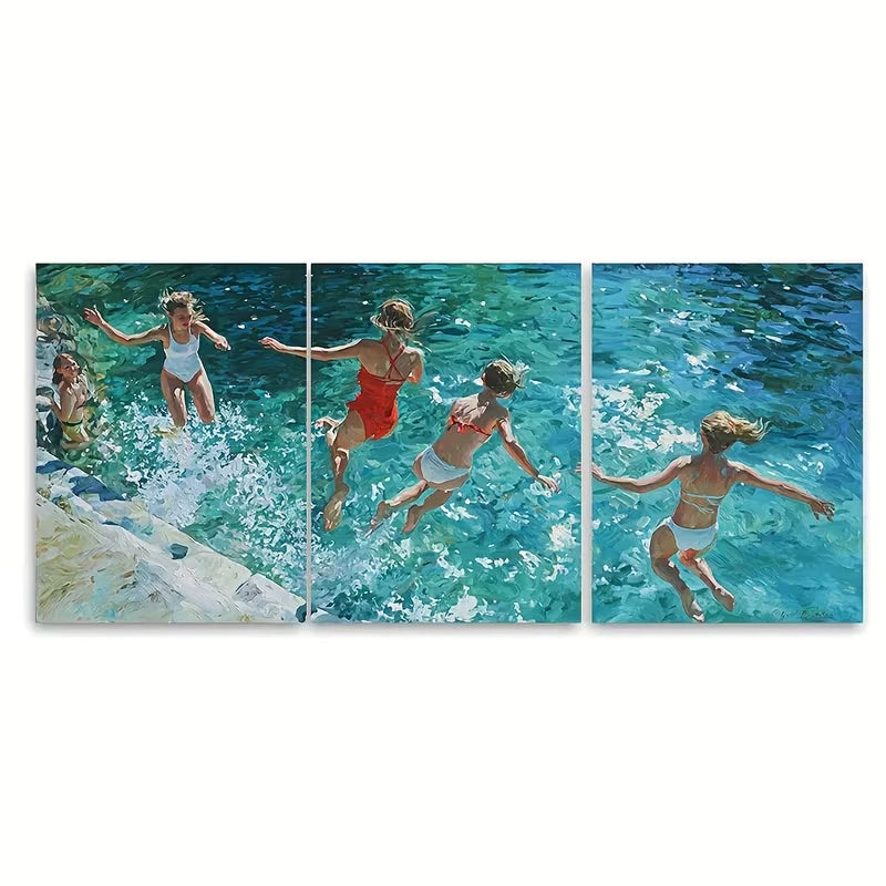 3pcs Women Swimming Pool Jumping Metal Print Ready to Hang Art