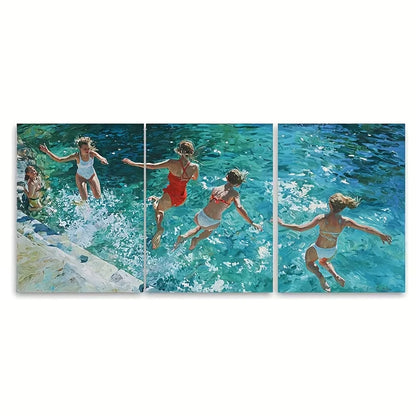 3pcs Women Swimming Pool Jumping Metal Print Ready to Hang Art