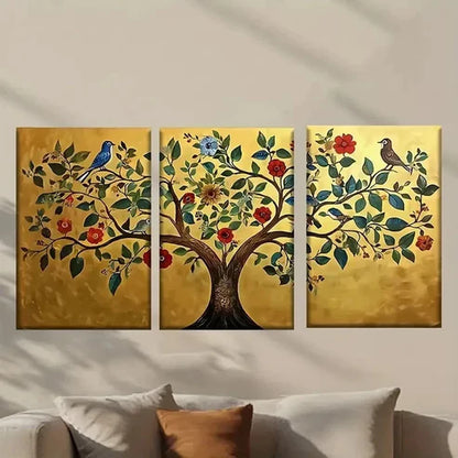 3pcs Tree with Birds and Colorful Flowers Wall Art Canvas Unframed - High Quality Print 100% Australian Made Wall Canvas