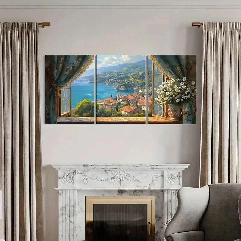 3pcs Seaside Mediterranean Landscape Metal Print Ready to Hang Art - Bella Home Decor