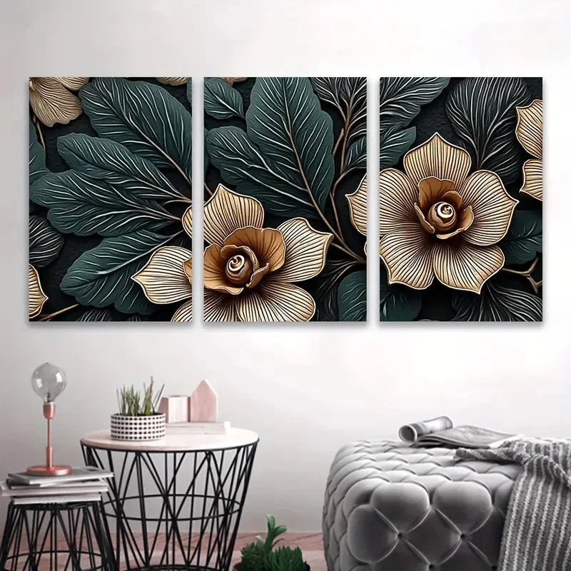 3pcs Black Background With Golden Flowers Wall Art Set Canvas Framed 50x70cm - High Quality Print 100% Australian Made Wall Canvas Ready to Hang - Bella Home Decor